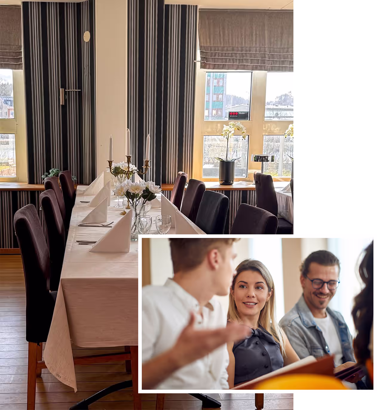 Ett dukat restaurangbord syns i bakgrunden och männsikor som sitter ned och pratar i förgrunden